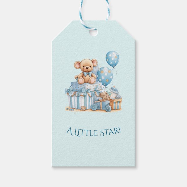 Blauer Teddybär Baby Shower Geschenkanhänger (Vorderseite)