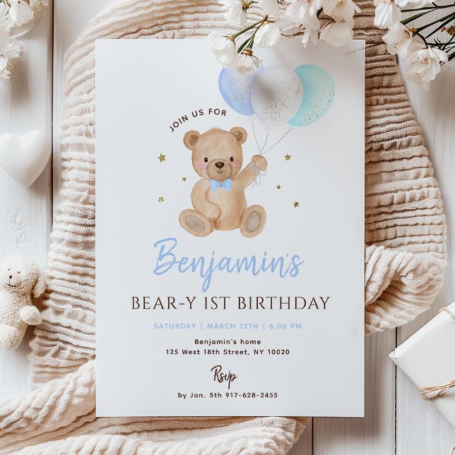 Blauer Teddybär-Ballon zum ersten Geburtstag Einladung (Von Creator hochgeladen)