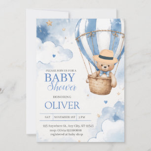 Blauer Teddybär Heißluftballon Junge Baby Shower Einladung