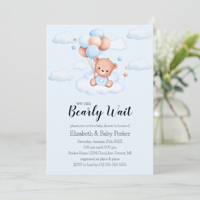 Blauer Teddybär-Junge Baby Shower Einladung (Stehend Vorderseite)