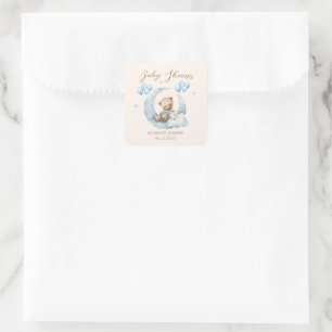 Blauer Teddybär Sterne Baby Shower Quadratischer Aufkleber
