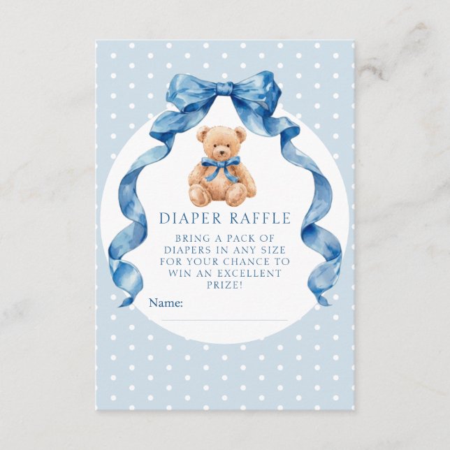 Blauer Teddybär-Windel-Raffle-Ticket Begleitkarte (Vorderseite)