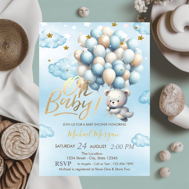 Blauer Teddybär Wolken Sterne Ballon Babyparty Einladung (Von Creator hochgeladen)