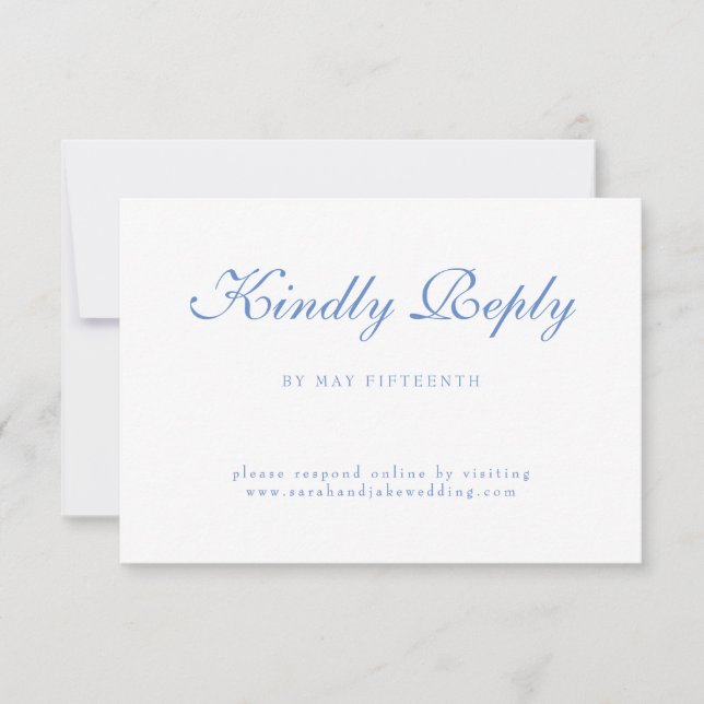 Blauer Text Weiße Hochzeit RSVP Karte (Vorderseite)