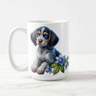 Blauer Tick Hound Welpe mit zarten blauen Blumen Kaffeetasse