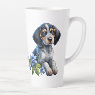 Blauer Tick Hound Welpe mit zarten blauen Blumen Milchtasse