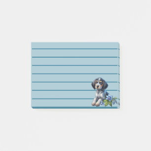 Blauer Tick Hound Welpe mit zarten blauen Blumen Post-it Klebezettel