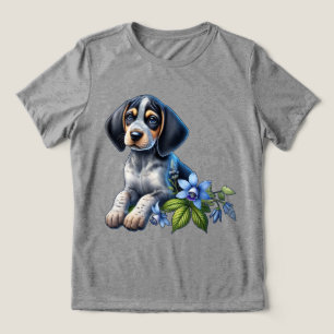 Blauer Tick Hound Welpe mit zarten blauen Blumen Tri-Blend Shirt