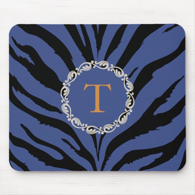 Blauer Tigerdruck mit Monogramm Mousepad (Vorne)