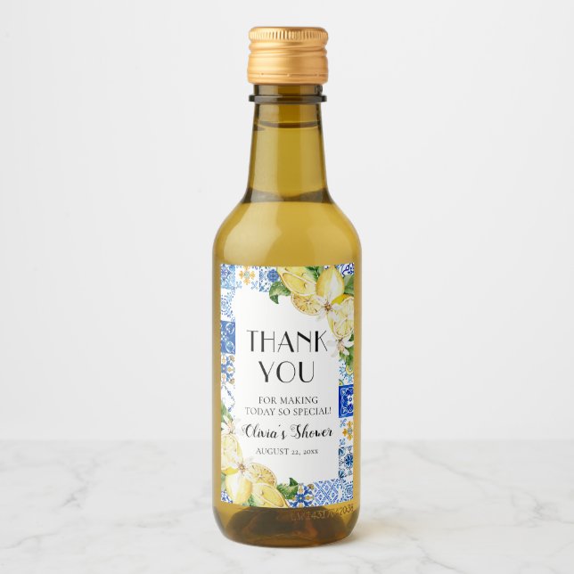 Blauer Tile Lemon Brautparty Weinflaschen Etikette Weinetikett (Vorderseite)
