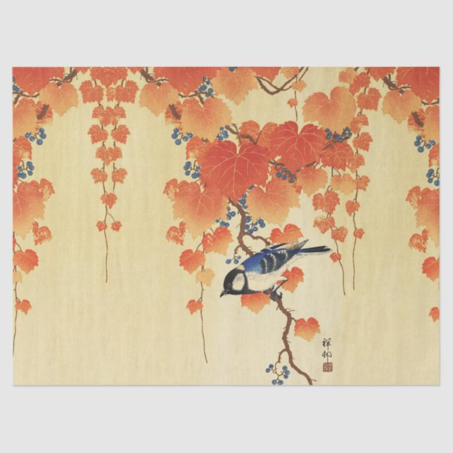 Blauer Tit Bird, Paulownia Zweig, Roter Herbst Blä Seidenpapier (Vorderseite)