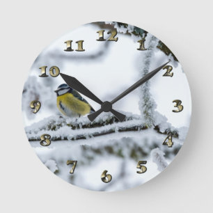 Blauer Tit-Vogel auf der Schneebrücke Runde Wanduhr