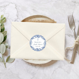 Blauer Toile Blume Taufe Runder Aufkleber