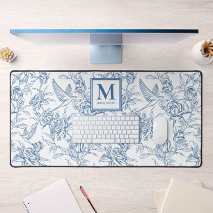 Blauer Toile de Jouy französischer Monogramm-Name Schreibtischunterlage
