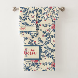 Blauer Toile de Jouy und Vögel Badhandtuch Set