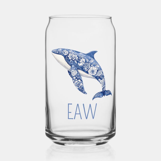 Blauer Toile Floral Beach Dolphin Monogramm Dosenglas (Vorderseite)