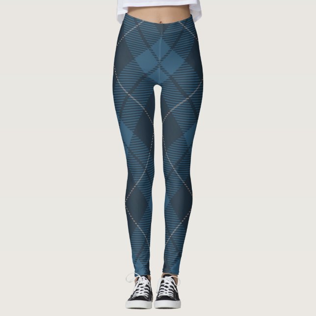 Blauer Trendy diagonaler Tartan kariert Leggings (Vorderseite)