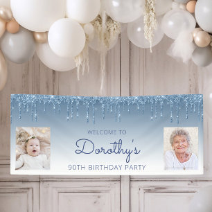 Blauer tropfender Glitter Zwei Foto 90. Geburtstag Banner