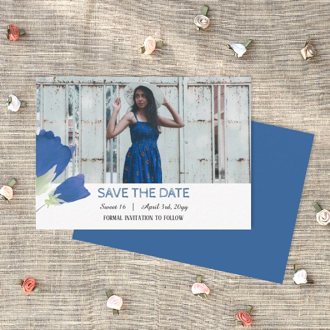 Blauer Tulip, Blütensüß 16 Save the Date Karte (blue birthday save the date card template with photo)
