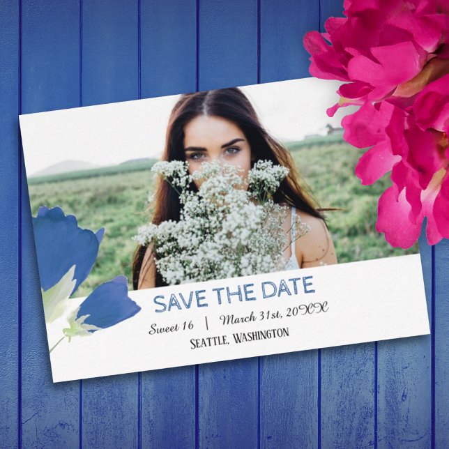 Blauer Tulip, Blütensüß 16 Save the Date Karte (spring springtime blue tulips birthday party for sweet 16 save the date card)