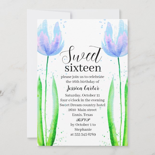 Blauer Tulips Bläsersüß 16 Sechzehn Einladung (Vorderseite)