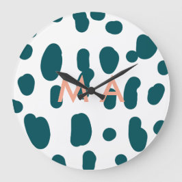 Blauer Tupfen orangefarbener Pastell-Monogramm-Man Große Wanduhr