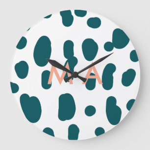 Blauer Tupfen orangefarbener Pastell-Monogramm-Man Große Wanduhr