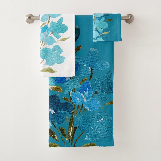 Blauer Türkis Floral Wasserfarbe Handgestrichen Badhandtuch Set (Insitu)