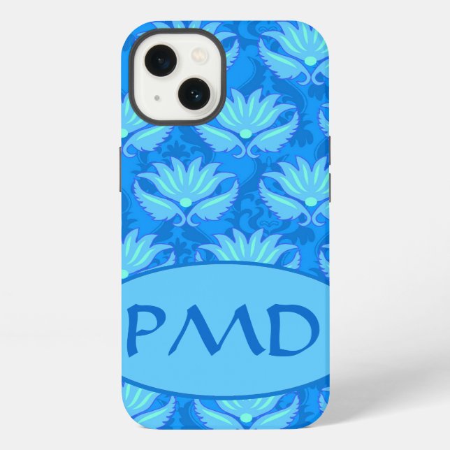 Blauer Türkiser Moderner Damast Monogramm individu iPhone Hülle (Rückseite)