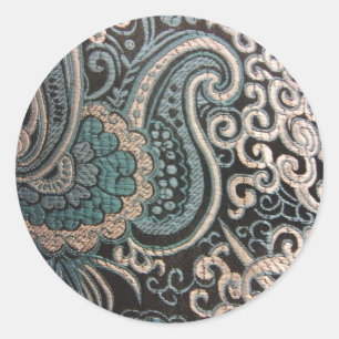 Blauer u. silberner Paisley-Brokat Runder Aufkleber