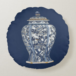 Blauer u. weißer Porzellan-Vase durch Rundes Kissen