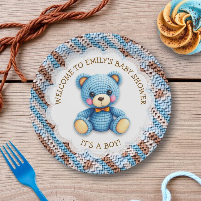 Blauer und brauner gehäkelter Teddybär It's a Boy Pappteller (Von Creator hochgeladen)