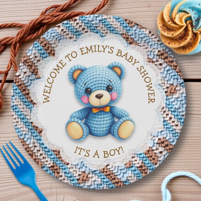 Blauer und brauner gehäkelter Teddybär It's a Boy Pappteller (Von Creator hochgeladen)