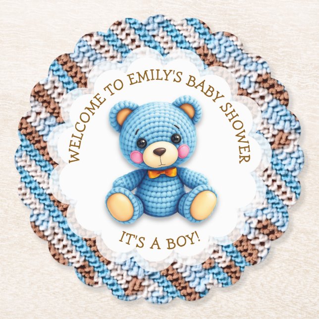 Blauer und brauner gehäkelter Teddybär It's a Boy Untersetzer (Vorderseite)