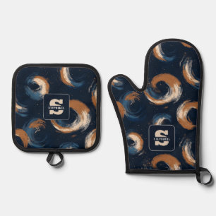 Blauer und brauner Kreis auf dunklem Hintergrund Ofenhandschuh & Topflappen-Set