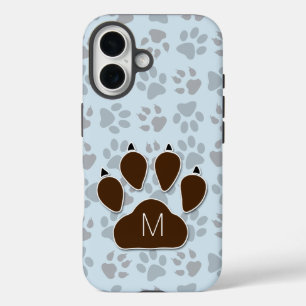 Blauer und brauner Paw-Ausdruck mit Monogramm iPhone 16 Hülle