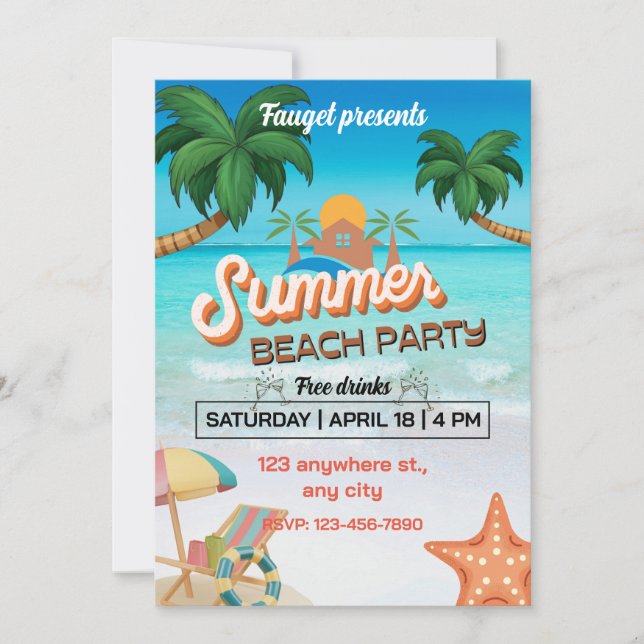 Blauer und brauner Sommer Beach Party Poster Einladung (Vorderseite)