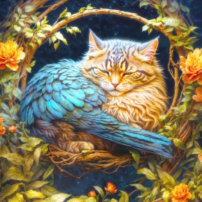 Blauer und brauner Tabby Katze mit Federn Puzzle (Close- up of artwork)