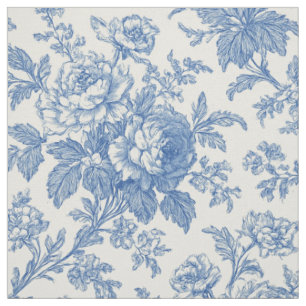 Blauer und cremefarbener Blumen-Toile-de-Jouy-Stof Stoff