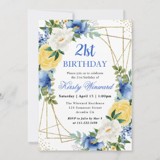 Blauer und gelbe Blumen Goldrahmen 21. Geburtstag Einladung