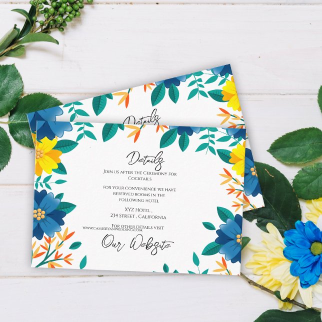 Blauer und gelber Blumenstrauß Details zu Hochzeit Begleitkarte (Blue and Yellow Floral Elegant Wedding Details Enclosure Card)