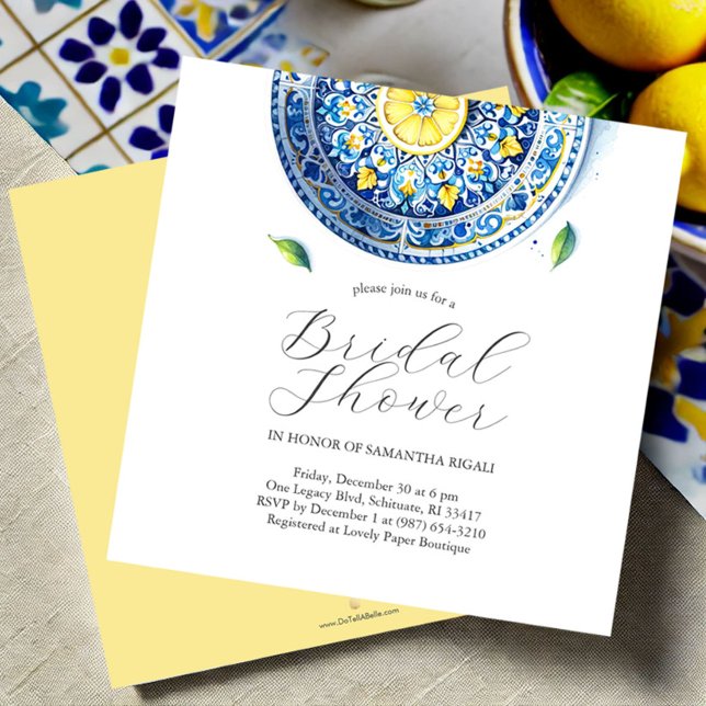 Blauer und gelber Citrus Bridal Dusche Einladungen (Lemon themed bridal shower invitations blue and yellow watercolor)