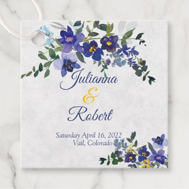 Blauer und gelber Hochzeitskalender Geschenkanhänger (Vorderseite)