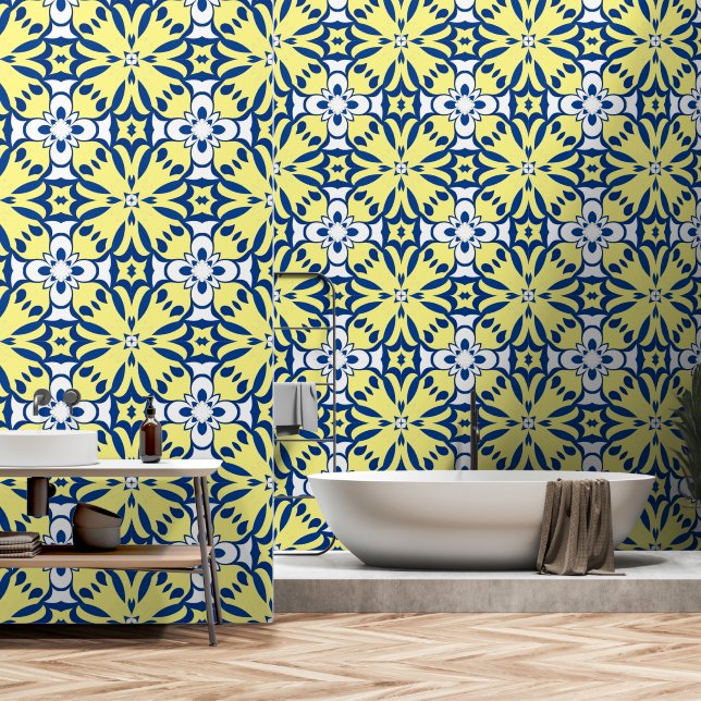 Blauer und gelber Östlicher Dekor Tapete (Badezimmer)
