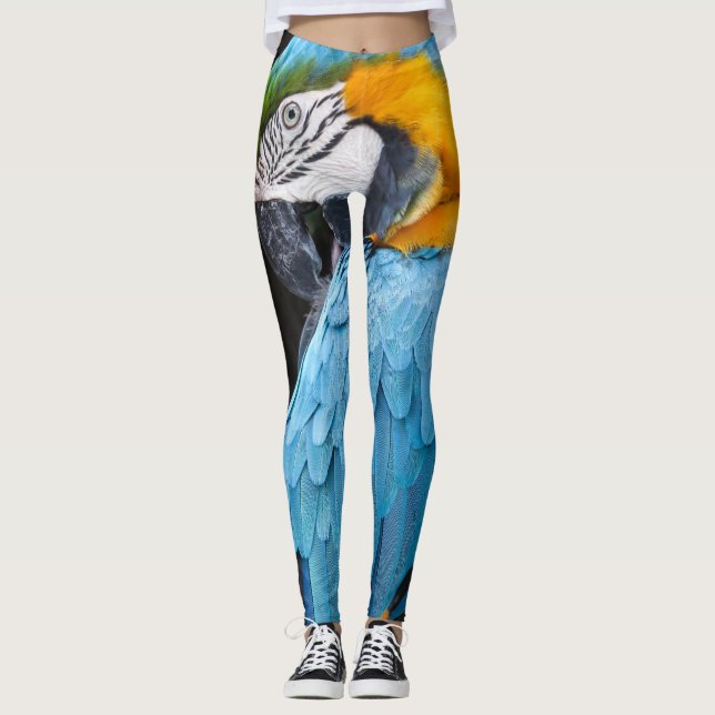 Blauer und gelber putzender Macaw Leggings (Vorderseite)