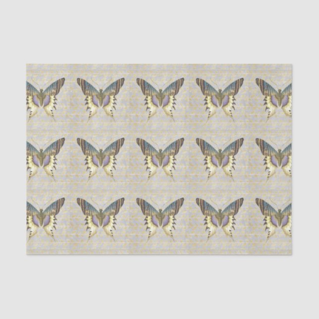 Blauer und gelber Vintager Art-Schmetterling Seidenpapier (Vorderseite)