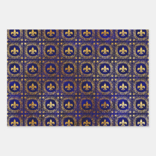 Blauer und Gold Fleur-de-lis Geschenkpapier Set