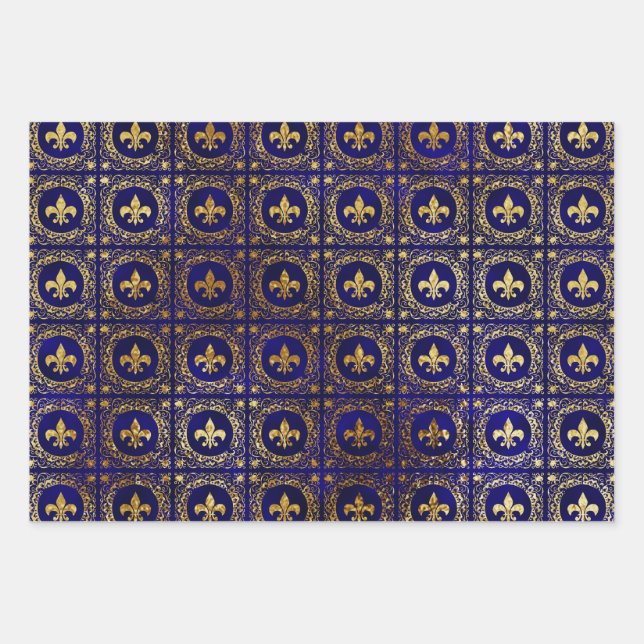 Blauer und Gold Fleur-de-lis Geschenkpapier Set (Vorderseite)