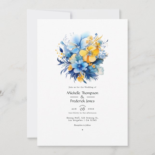 Blauer und goldene Blumenhochzeit Einladung (Vorderseite)