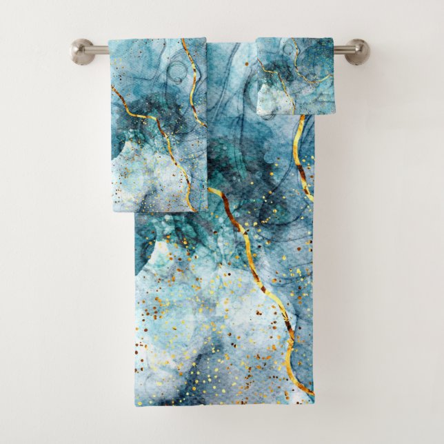 Blauer und goldener glänzender Marmor Badhandtuch Set (Insitu)